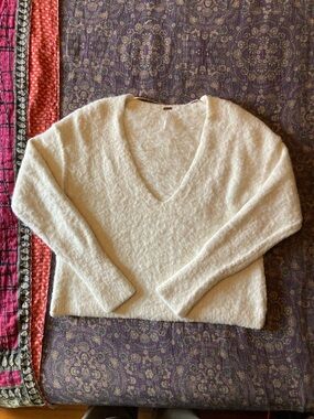 Free People Cream Fuzzy V-Neck Sweater